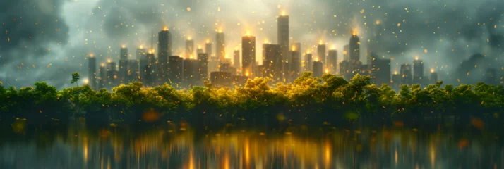 Fotobehang sunset over lake,  Ecology Concept Sustainability City Landscape © A