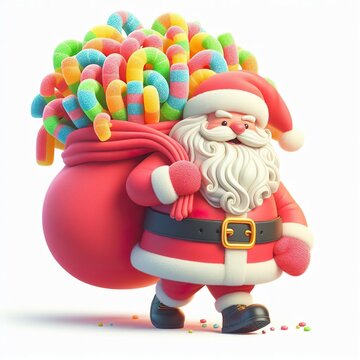 a Funny cartoon Santa Claus with huge red bag with presents, candies on a white background