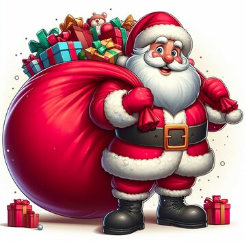a Funny cartoon Santa Claus with huge red bag with presents, candies on a white background