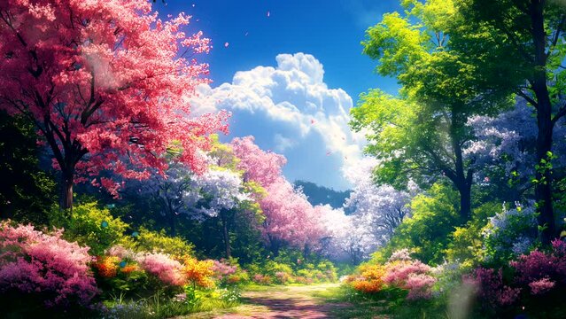 Springtime fantasy with colorful sakura trees. seamless looping 4k time-lapse animation video background