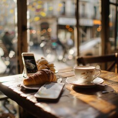Visualize a morning scene where a person is having breakfast alone in a cafe, reading the news or scrolling through social media on their smartphone, enjoying peace and coffee. Job ID: 92f7d2b8-87f2