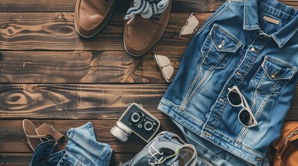 Casual Men's Outfits on Wooden Table - obrazy, fototapety, plakaty