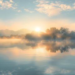 A tranquil sunrise over a misty lake, where the early morning light gently breaks through a thin layer of fog, casting a soft glow on the water. The scene encapsulates the peaceful start of a day