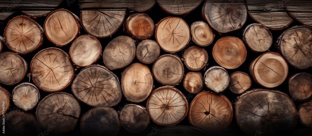Poster a close-up view of a stack of assorted wooden logs and planks set against a dark black background