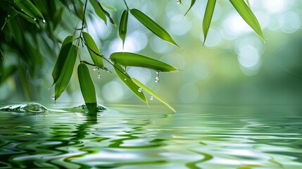 Green bamboo leaves with reflection in transparent water