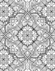 Ornamental mandala adult coloring book page. Zentangle style coloring page. Mandala black outline