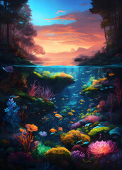 Lively underwater scene featuring colorful fish and vibrant aquatic plants. Colorful fish swimming among vibrant underwater plants in a lively aquatic scene.
