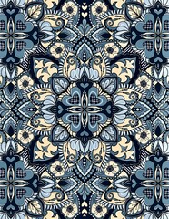 Blue and yellow abstract mandala design illustration, ornamental background, art print