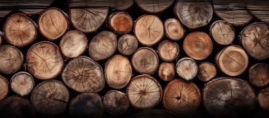 A close-up view of a stack of assorted wooden logs and planks set against a dark black background - obrazy, fototapety, plakaty