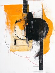 Painting depicting a black and white abstract figure with yellow