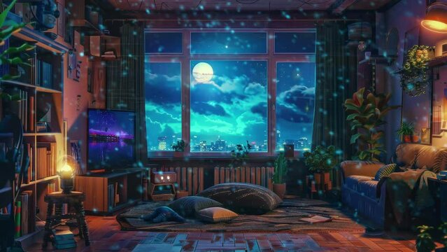 Virtual streamer backgrounds stream overlay loop, cozy living room with big window and night sky, asset for vtuber twitch zoom OBS screen, anime lo-fi chill hip hop.