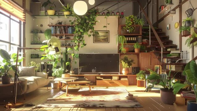 Lofi living room with full of plants , anime style.