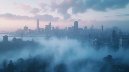 A cityscape blanketed in thick fog early in the morning, with the outlines of buildings and bridges barely visible ::3 --ar 16:9 --quality 0.5 Job ID: 216b32cf-86ee-4e61-822c-eb22d365cea5 - obrazy, fototapety, plakaty