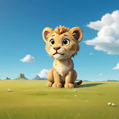 A cute lion cub stands on the vast and green grassland