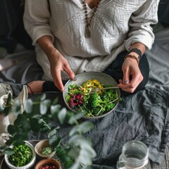 An intimate portrait of a person practicing mindfulness while eating a simple, yet nourishing vegetarian meal. The background is serene and minimalistic, reflecting the ethical and spiritual