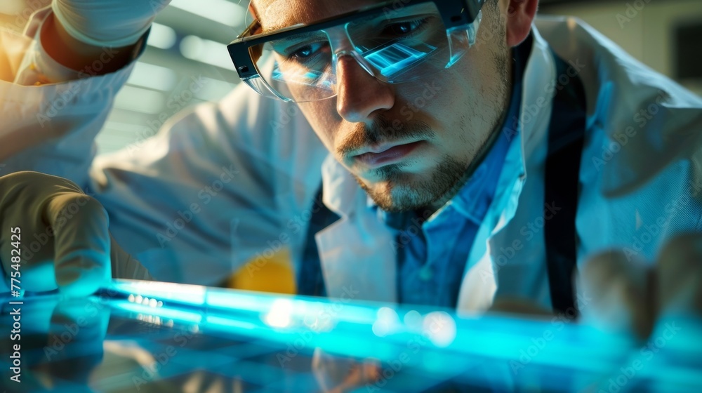 Poster a scientist examining the materials used in the production of solar panels emphasizing the importanc