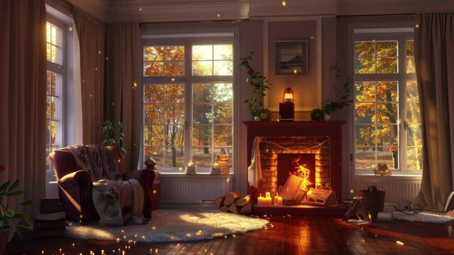 A lovely living room with a warmhearted atmosphere featuring a comfortable armchair in front of a crackling fireplace surrounded by tall windows glazed with sparkling animated backgrounds, stream. ph