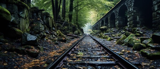 Fototapeta na wymiar The image showcases a detailed view of a train track surrounded by rocks and lush green trees, providing a serene natural setting