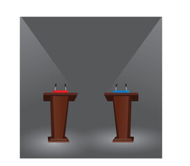 Debate, presenting, giving a speech at the wood podium with two microphones on conference concept background