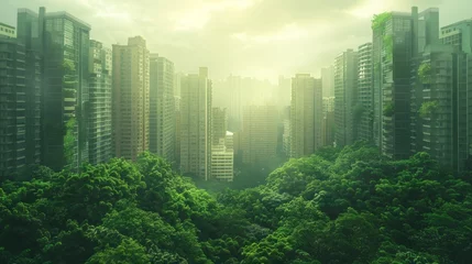 Tuinposter Sustainable cityscape: A blank mockup integrated into a skyline dominated by green buildings, showcasing the potential for eco-conscious urban planning. © 2D_Jungle