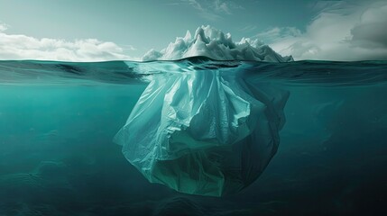 Iceberg plastic bag with view under water representing water pollution and damage caused by plastic - obrazy, fototapety, plakaty