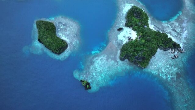 Seen at the blue hour, rock islands, surrounded by reef, rise from Raja Ampat's seascape. This region of Indonesia is known as the heart of the Coral Triangle due to the marine biodiversity there.