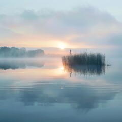 Fototapeta premium A tranquil sunrise over a misty lake, where the early morning light gently breaks through a thin layer of fog, casting a soft glow on the water. The scene encapsulates the peaceful start of a day