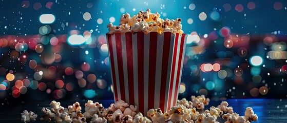 A cinematic night scene of eating popcorn and watching movies with a focus on the overflowing popcorn bucket - obrazy, fototapety, plakaty