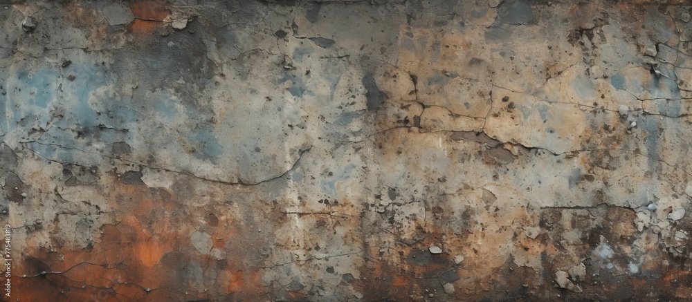 Poster close-up view of a weathered wall with a rusty surface, featuring a red fire hydrant