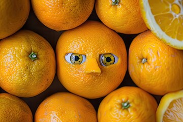 A playful image of oranges used as eyes in a creative face-like composition