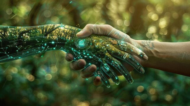 A visionary picture of a handshake between technology and nature forming a sustainable bond