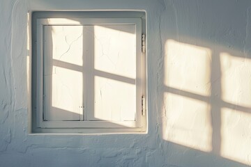 Fototapeta premium The shadow of a window frame on a white wall during sunrise minimalist elegance