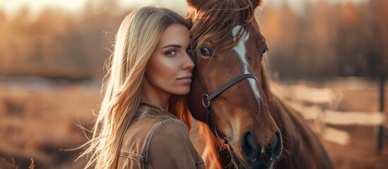 Obraz premium Woman with long hair standing near a horse