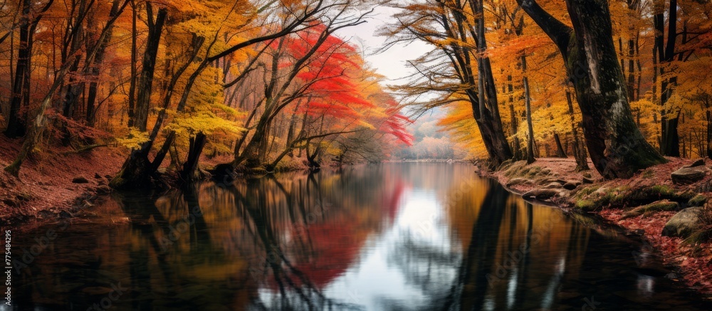 Poster the tranquil river meanders through a dense forest filled with trees displaying vibrant autumn color