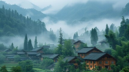 A village in the mountains is covered in fog. A flawless foggy landscape. Calm background. Generative AI