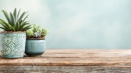 Two potted cacti and succulents placed on a wooden table