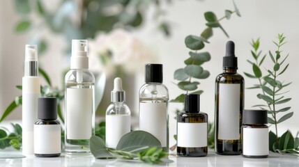 A collection of various blank labeled cosmetic bottles and plants arranged on a tabletop - 775485817