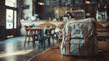 A backpack is placed on top of a wooden table in a cozy cafe setting - obrazy, fototapety, plakaty