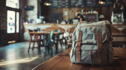 Poster A backpack is placed on top of a wooden table in a cozy cafe setting © tashechka