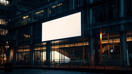 A blank fully white-out LED illuminated banner in an elegant modern glass building at beautiful night time next to a business office building workplace centre. 3D rendered. Generative AI