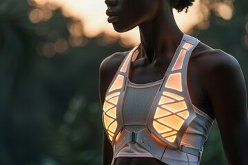 A woman is wearing a white and silver sports bra with a glowing design. The bra is lit up and he is a part of a futuristic outfit. The woman is standing in a forest, surrounded by trees and foliage - obrazy, fototapety, plakaty