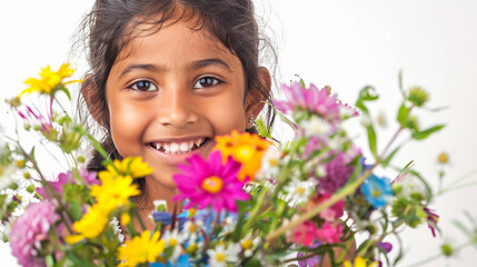 Obraz na płótnie Canvas Happy, smiling kid with bunch of colorful flowers for mothers day or birthday celebration. White background, Isolated. Horizontal banner.