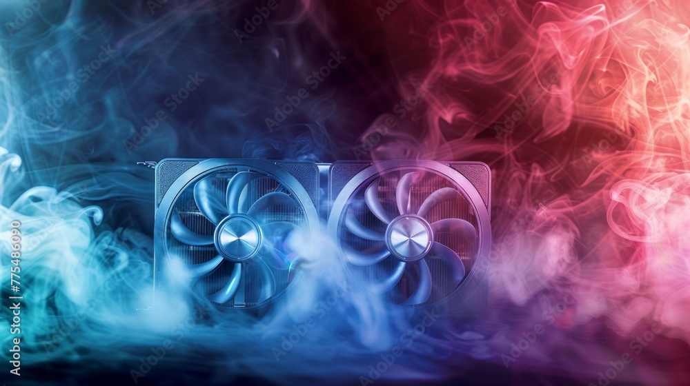 Poster a group of vibrant smokes encircling a computer fan in motion, creating a dynamic and colorful scene