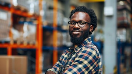 A man with a beard and glasses standing confidently in a warehouse environment