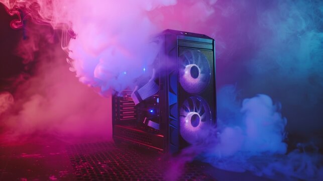A computer experiencing hardware failure, with smoke billowing out of the GPU