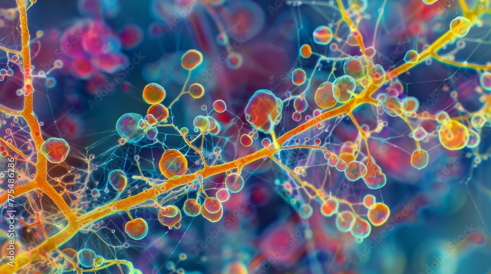 Poster a colorful microscopic image showcasing the vibrant and diverse microbial community within a fungal 