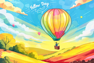 Digital paint illustration of hot air balloon in rural landscape., Yellow Day concept