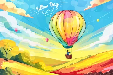  Digital paint illustration of hot air balloon in rural landscape., Yellow Day concept © Pajaros Volando