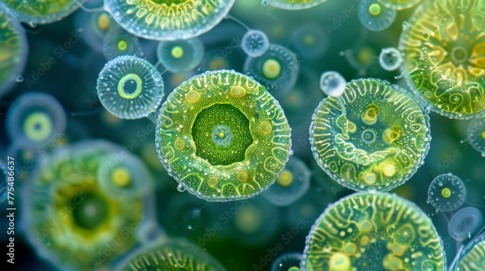 Poster a microscopic view of a cyanobacteria cell undergoing the process of nitrogen fixation. inside the c