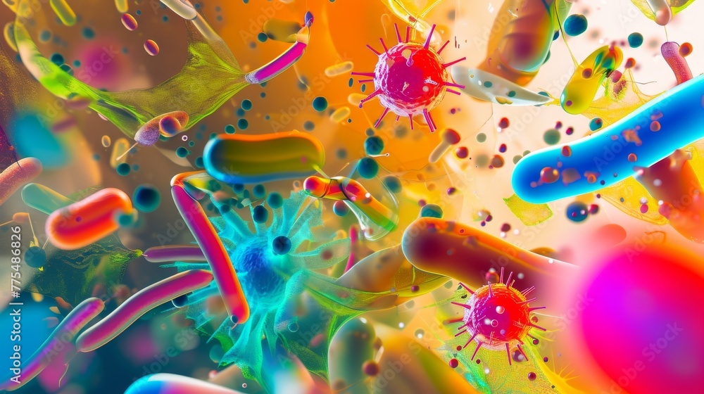 Poster 3d colored microflora: abstract background with bright and saturated colors, representing different 